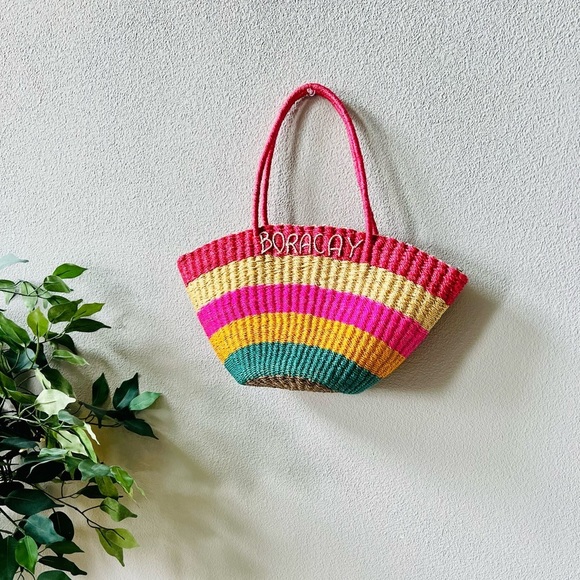 Bright Colorful Striped BORACAY Straw Zip Closure Boho Medium Tote Shoulder Bag - Picture 13 of 13